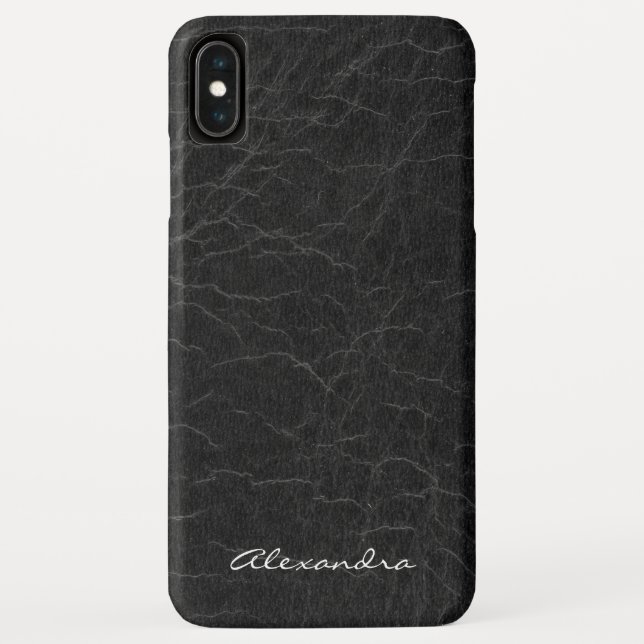 Funda De Case-Mate Para iPhone Monograma sobre cuero negro falso (Reverso)