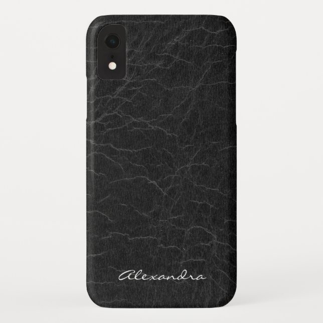 Funda De Case-Mate Para iPhone Monograma sobre cuero negro falso (Reverso)