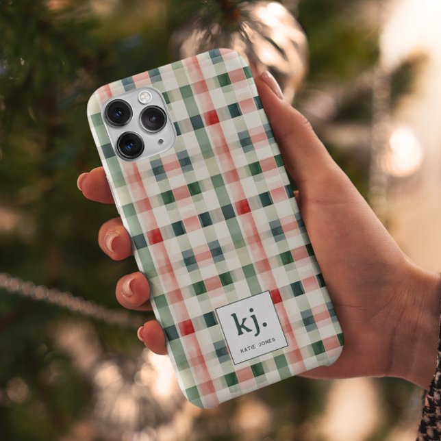 Funda De Case-Mate Para iPhone Monograma suave Evergreen Gingham (Subido por el creador)