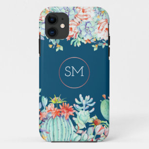 Funda Para iPhone 11 Monograma suculento de Cactus Océano Azul