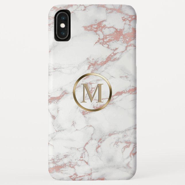 Funda De Case-Mate Para iPhone Monograma trendy Rosa oro y mármol blanco (Reverso)