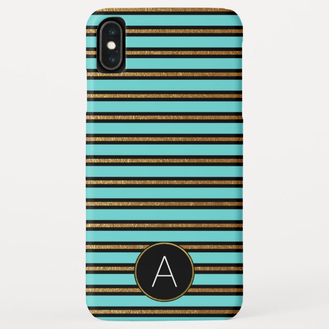 Funda De Case-Mate Para iPhone Monograma Turquesa, Negro y rayado de Relieve meta (Reverso)