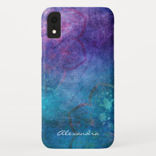 Funda Para iPhone XR Monograma Turquesa y Flor Verde Lotus