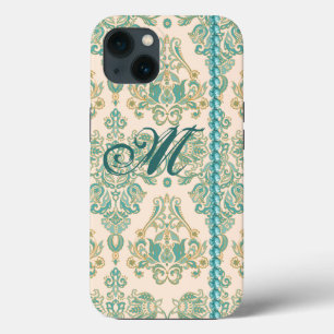 Funda Para iPhone 13 Monograma Turquoise Damask, Faux Pearls iPhone 13