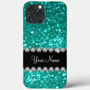 Funda Para iPhone 13 Pro Max Monograma Turquoise Faux Bling