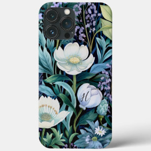 Funda Para iPhone 13 Pro Max Monograma Verde Azul Púrpura Blanco Floral Verdor