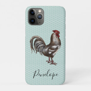 Funda Para iPhone 11 Pro Monograma Verde azulado de vintage Rooster Chicken