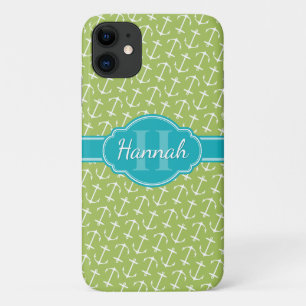 Funda Para iPhone 11 Monograma Verde azulado del patrón de ancla blanca