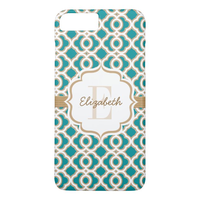 Funda De Case-Mate Para iPhone Monograma Verde azulado y quatrefoil dorado (Reverso)