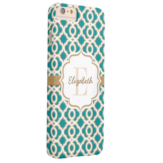 Funda De Case-Mate Para iPhone Monograma Verde azulado y quatrefoil dorado (Reverso/Derecho)