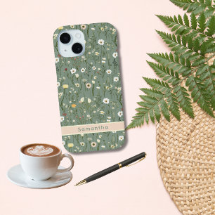 Funda Para iPhone 15 Monograma Verde Salvia Amarillo Blanco Flores Silv