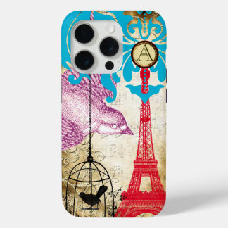 Funda Para iPhone 15 Pro Monograma Vintage Bird Effiel Tower Damask iPhone
