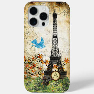 Funda Para iPhone 15 Pro Max Monograma Vintage Bird Torre Eiffel