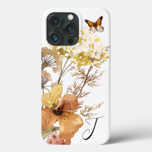 Funda Para iPhone 13 Pro Monograma Watercolor Flores silvestres Mariposa