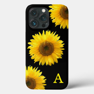 Funda Para iPhone 13 Pro Monograma y hermosos girasoles en negro