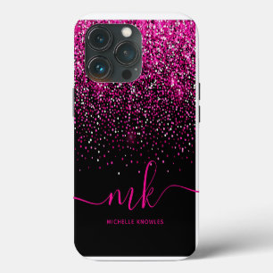 Funda Para iPhone 13 Pro Monograma y nombre con brillos rosados