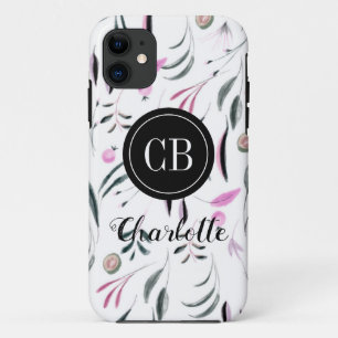 Funda Para iPhone 11 Monograma y nombre de hojas y frutas rosas y verde