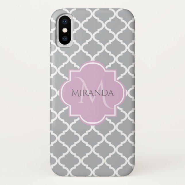 Funda De Case-Mate Para iPhone Monograma y nombre de lavanda de cuatrefoil gris (Reverso)