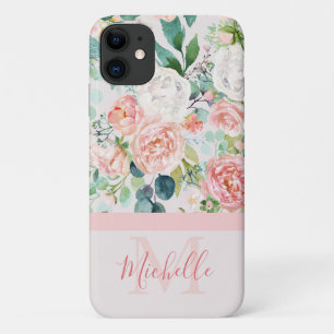 Funda Para iPhone 11 Monograma y nombre de rosa blanca rosada