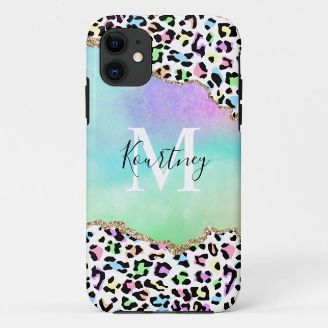 Funda De Case-Mate Para iPhone Monograma y nombre del leopardo arcoiris (Reverso)