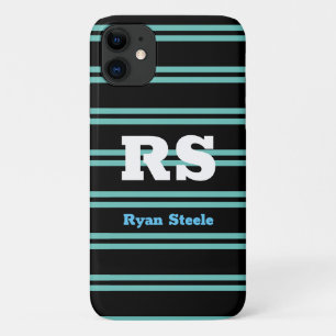 Funda Para iPhone 11 Monograma y nombre en negrita, líneas azul teal cl