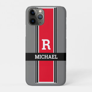 Funda Para iPhone 11 Pro Monograma y nombre en negrita, rayas rojas, grises
