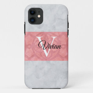 Funda Para iPhone 11 Monogramación De Batik Rosa Ruddy Y Acuarela Gris