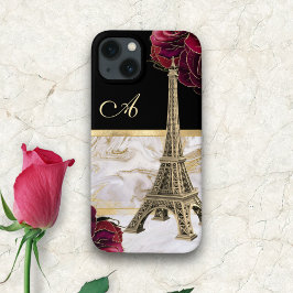 Funda Para iPhone 13 Monogramada Torre Eiffel Oro, Rosa de Mármol Negro