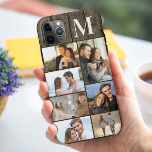 Funda Para iPhone 11 Pro Max Monogramado 7 Collage de fotos en madera oscura