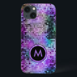 Funda Para iPhone 13 Monogramado Colorful Disco Purpurina Tonos púrpura<br><div class="desc">Purpurina de discoteca retro monogramada y colorida y chispas. Tonos azul morado y verde.</div>