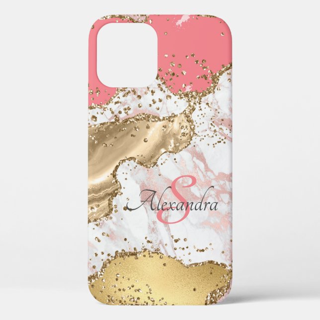 Funda De Case-Mate Para iPhone Monogramado de Agate Purpurina Rosa Personalizado (Reverso )