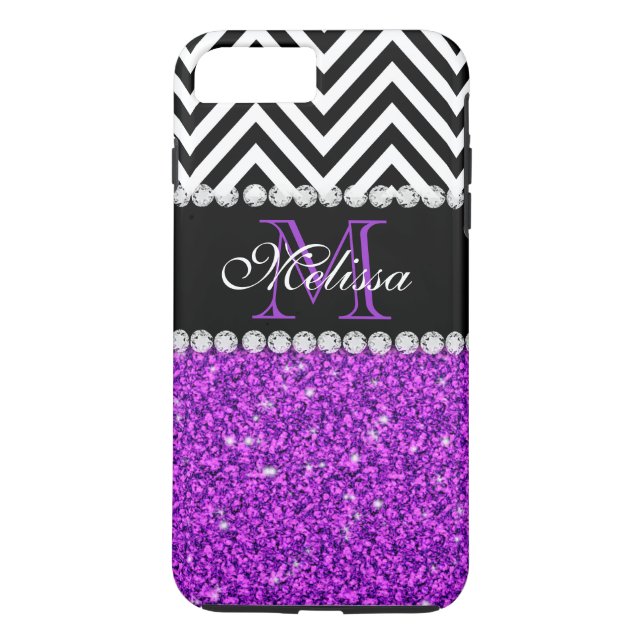FUNDA DE Case-Mate PARA iPhone MONOGRAMADO DE CHEVRON NEGRO PURPLE PURPURINA (Reverso)