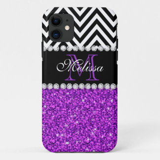 FUNDA PARA iPhone 11 MONOGRAMADO DE CHEVRON NEGRO PURPLE PURPURINA