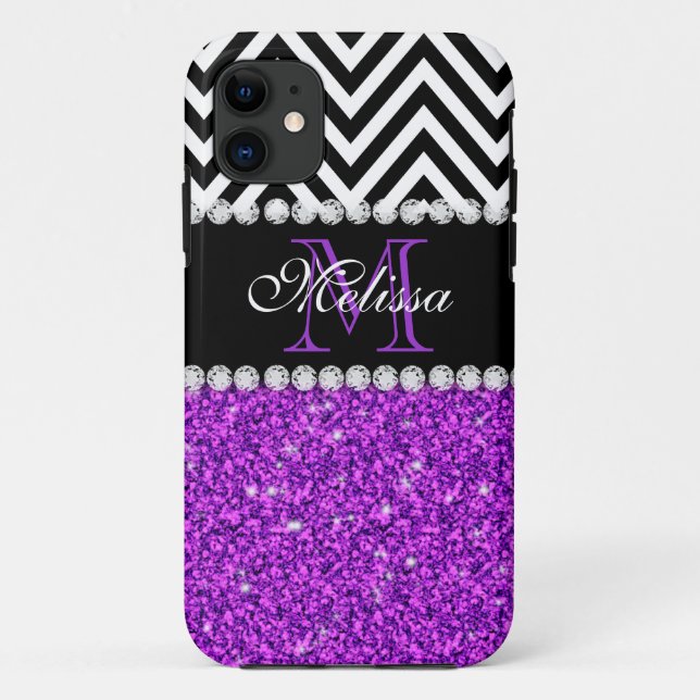 FUNDA DE Case-Mate PARA iPhone MONOGRAMADO DE CHEVRON NEGRO PURPLE PURPURINA (Reverso)