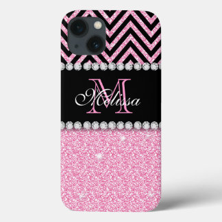 FUNDA PARA iPhone 13 MONOGRAMADO DE CHEVRON NEGRO PURPURINA ROJO