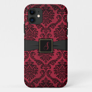 Funda Para iPhone 11 Monogramado de Damasco Gótico Rojo y Negro