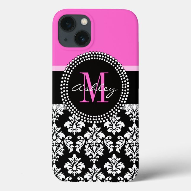 Funda De Case-Mate Para iPhone Monogramado de Damask negro rosa caliente (Reverso)