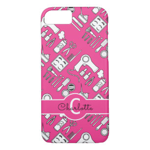Funda Para iPhone 8/7 Monogramado de Hair Stylist Beautician Girly Pink