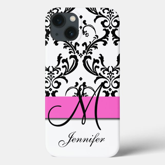 Funda De Case-Mate Para iPhone Monogramado Pink Black Swirls Damask (Reverso)
