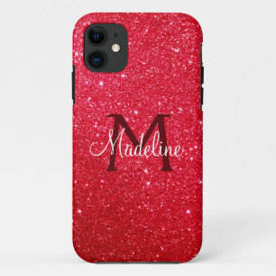 Funda Para iPhone 11 Monogramado Purpurina ardiente y rojo parkling