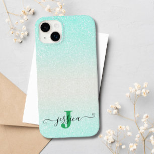 Funda Para iPhone 14 Plus De Case-Mate Monogramado Purpurina de color Plata Verde Moderna