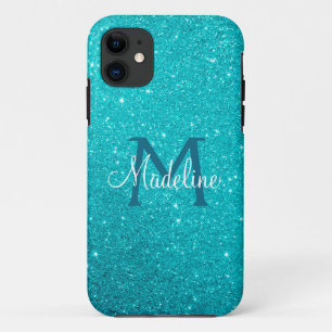 Funda Para iPhone 11 Monogramado Purpurina de esparkly azul turquesa Ve