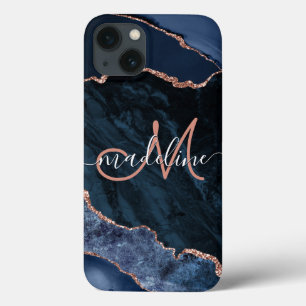 Funda Para iPhone 13 Monogramado Purpurina de la Marina Blue Geode Agat