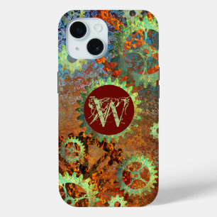 Funda Para iPhone 15 Monogramado Steampunk Industrial Rusty CogWheel
