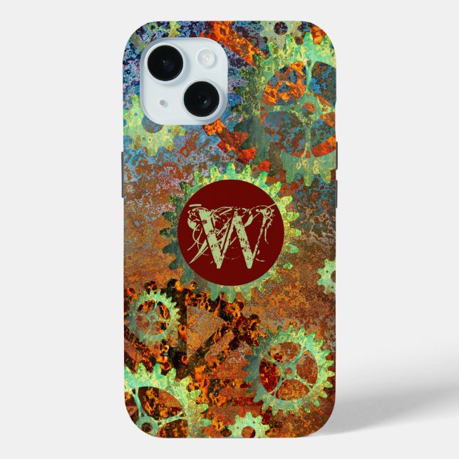 Funda De Case-Mate Para iPhone Monogramado Steampunk Industrial Rusty CogWheel (Reverso )