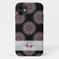Monogramed Pink Floral Fronds Polka Dot Mandala