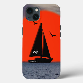 Funda Para iPhone 13 Monogrammed Sailboat with Name on Boat