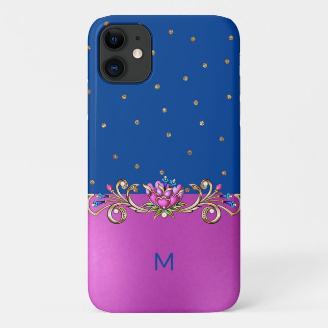 Funda De Case-Mate Para iPhone Monogramo azul y oro de Fuchsia (Reverso)
