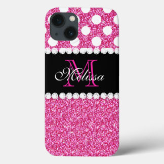 Funda Para iPhone 13 Monogramo de puntos de polka blanco Purpurina rosa