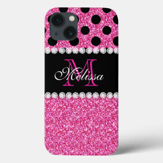 Funda Para iPhone 13 Monogramo de puntos de polka negro Purpurina rosa